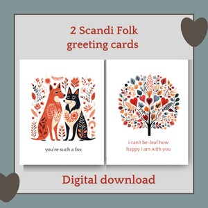 Tarjetas de felicitación en blanco con el mensaje "Love" escandinavo: 2 diseños de arte popular únicos: descarga digital instantánea