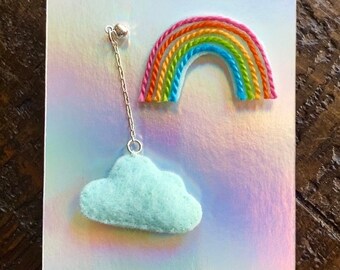 Sterling Silver Pin and Earring Set, Felt Rainbow and Cloud, Dangly Stud Earring, Colorful Cute Pride Pin, Handmade Jewelry, Lightweight