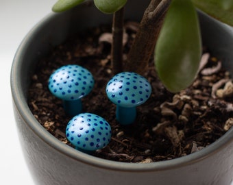 Shimmery Blue Mushroom Plant Buddies, 3 Pack Cute Houseplant Decorations, Cottagecore Trinkets, Handmade Clay Figurine, Colorful Mini Shroom