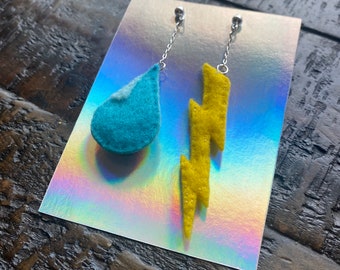 Sterling Silver Mismatched Earrings, Felt Lightning Bolt and Raindrop Charms, Dangly Stud Earring, Cute Kawaii Fashion, Handmade Jewelry