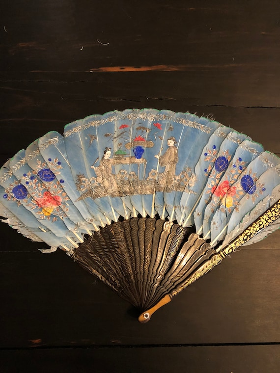 Antique Chinese Blue Ostrich Feather Fan, Antique