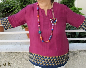 Silk short kaftan for women, bohemian indian blouse, short tunic silk crepe, red black short kaftan for woman, bohemian indian clothing