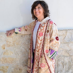 Suzani embroidery long jacket sand color, ethnic bohemian kimono jacket