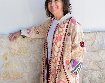 Suzani embroidery long jacket sand color, ethnic bohemian kimono jacket