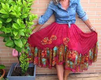 skirt for women summer, bohemian skirt elastic waist, cherry color skirt, silk chiffon maxi skirt for women, casual loose bohemian skirt