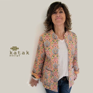 Quilted jacket turquoise, quilted block floral printed jacket, kantha embroidered indian jacket, short quilted down coat, gift for her