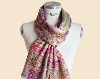 Silk scarf with classic Indian colorful print and embroidery