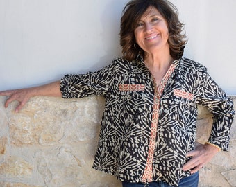 Camicetta indiana in cotone stampata a mano, camicia etnica da donna