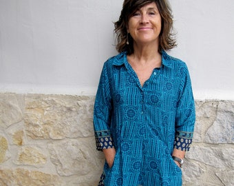 women tunic top crepe silk sari, woman summer blouse, silk blouse woman, colorful print shirt
