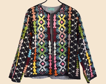 Short black Suzani jacket medium size with colorful geometric embroidery, ethnic Suzani jacket