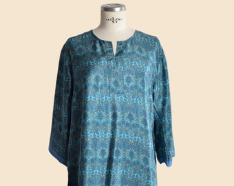 Seidentunika für Frauen, bedruckter kurzer Kaftan, indische Seidentunika, Seidenbluse mit französischen Ärmeln, Kleidung im Boho-Stil, Geschenk für Sie