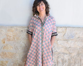 Cotton beach short dress for summer and Indian geometric block print