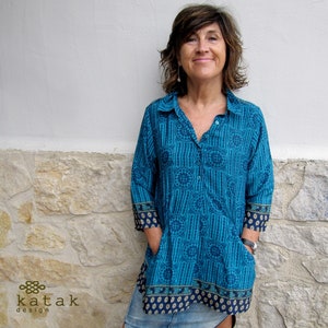 women tunic top crepe silk sari, woman summer blouse, silk blouse woman, colorful print shirt