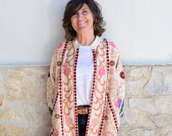 Suzani embroidery long jacket sand color, ethnic bohemian kimono jacket