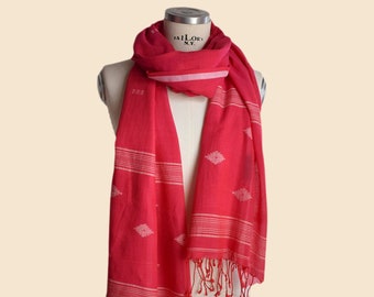 Fuchsia red cotton handloom woven scarf with fringes for summer