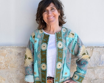 Turquoise velvet Suzani jacket with floral hand embroidery