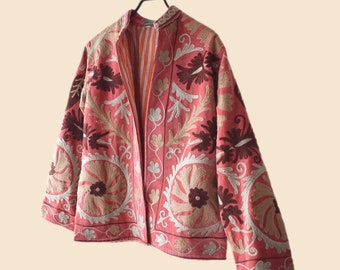 Chaqueta terciopelo rosa bordado suzani, chaqueta estilo boho, ropa india para mujer