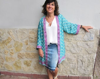 veste kimono en soie indienne vintage recyclée pour femme pour l'été