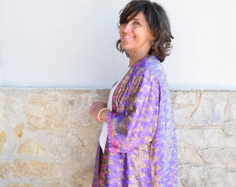 Stylilsh brocaded and printed silk kimono jacket in lilac color