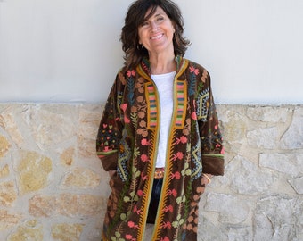 Velvet suzani coat with colorful geometric embroidery, indian long jacket bohemian style