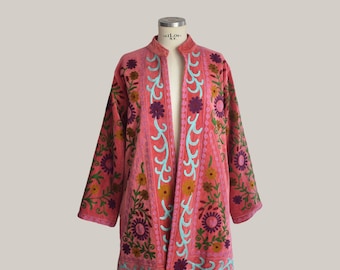 Pink velvet coat size XL with colorful Suzani flower embroidery, hand embroidered velvet kimono