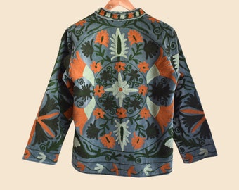 Velvet jacket with Suzani floral embroidery, colorful hand-embroidered sea green jacket