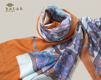 fine wool cotton printed indian scarf, ornamental pattern scarf,
