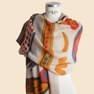 Fine wool scarf with colorful geometric print, lively colorful woman scarf image 2