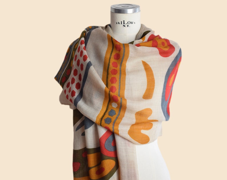 Fine wool scarf with colorful geometric print, lively colorful woman scarf image 2