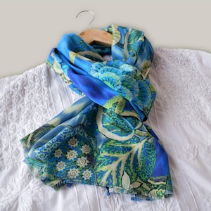 Silk scarf with blue and green floral print, pure silk wrap, lightweight botanical boho indian shawl