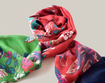 Pañuelo de lana y seda con estampado de flores, bufanda roja y verde de lana con flores