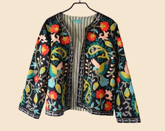 Black jacket with colorful suzani embroidery for women, handmade embroidered jacket, ethnic embroidered bohemian jacket