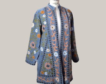 Velvet kimono coat EXTRA LARGE size in greyish blue with handmade Suzani embroidery,  sophisticated and comfortable ethnic bohemian style