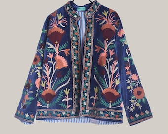 Navy blue Suzani velvet jacket with colorful flower hand embroidery