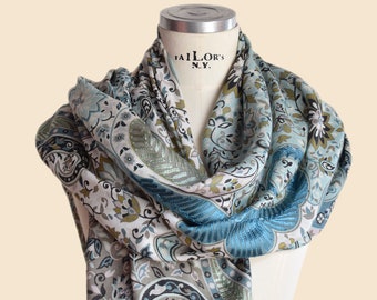 Pañuelo chal de seda con bordado y estampado clásico indio floral y paisley