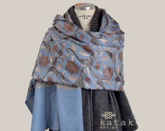 Luxury blue floral embroidered shawl, womens wool shawl, wrap, scarf, fine embroidery pashmina handmade, elegant bridesmaid shawl, stole