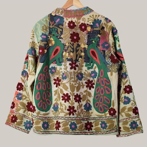 Khanta short cotton jacket LARGE SIZE with recycled fabrics and colorful Suzani embroidery of peacocks and flowers
