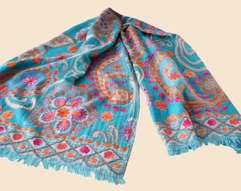 embroidered wool lively turquoise shawl, Indian colorful wool stole, paisley wool boho shawl