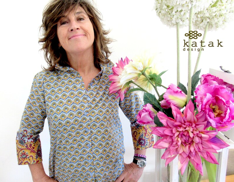 Indian cotton fabric blouse, print cotton blouse for women, 3/4 sleeves and buttoned blouse, colorful top, boho top women, gift for her image 6