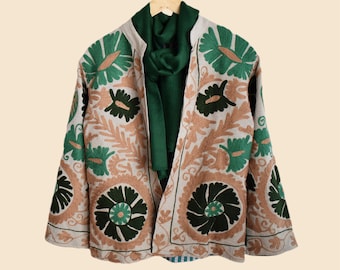 Cotton embroidered Suzani jacket with beige and green color large size, bohemian style  jacket,