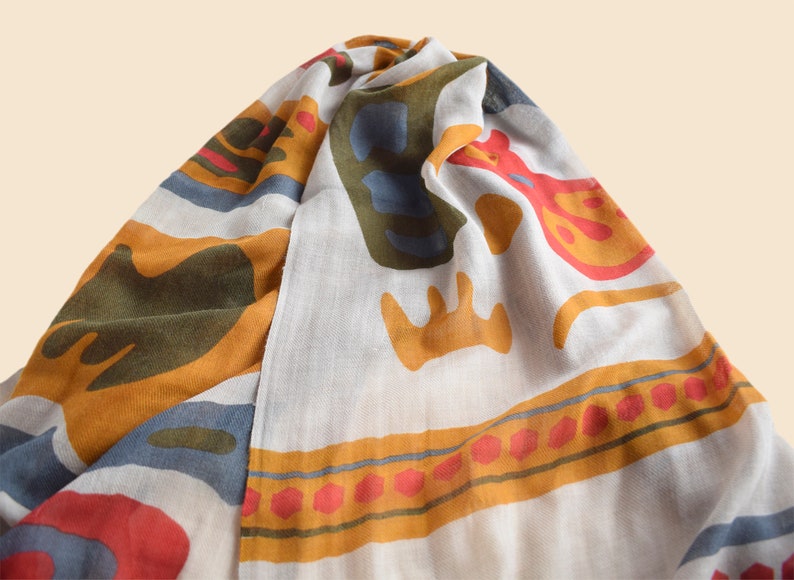 Fine wool scarf with colorful geometric print, lively colorful woman scarf image 7