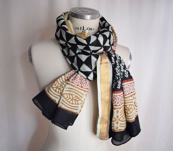 pareo sarong indio de algodón, pañuelo verano, dupata algodón, bloque de madera, fular verano mujer