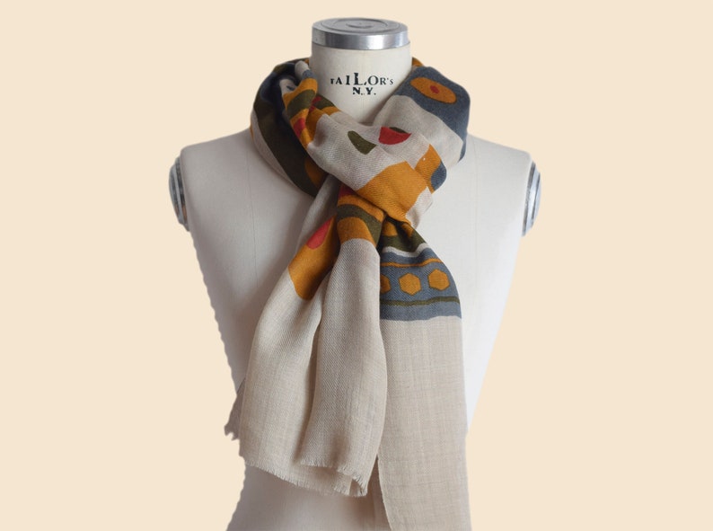 Fine wool scarf with colorful geometric print, lively colorful woman scarf image 3