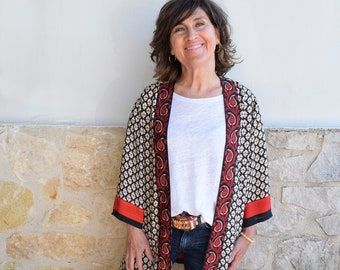 kimono chaqueta de mujer de seda crepe con estampado indio, kimono vestido de fiesta