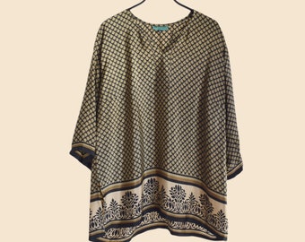 túnica top de seda para mujer talla XL, kaftán corto seda estampado, blusa india seda, blusón seda manga francesa, ropa estilo boho
