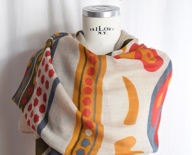 Fine wool scarf with colorful geometric print, lively colorful woman scarf image 5