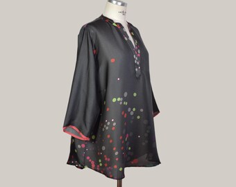 Women's oversized bohemian tunic in soft black silk with a colorful polka dot print