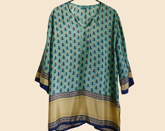 tunique indienne en soie imprimé vert taille L pour femme, caftan court d'été