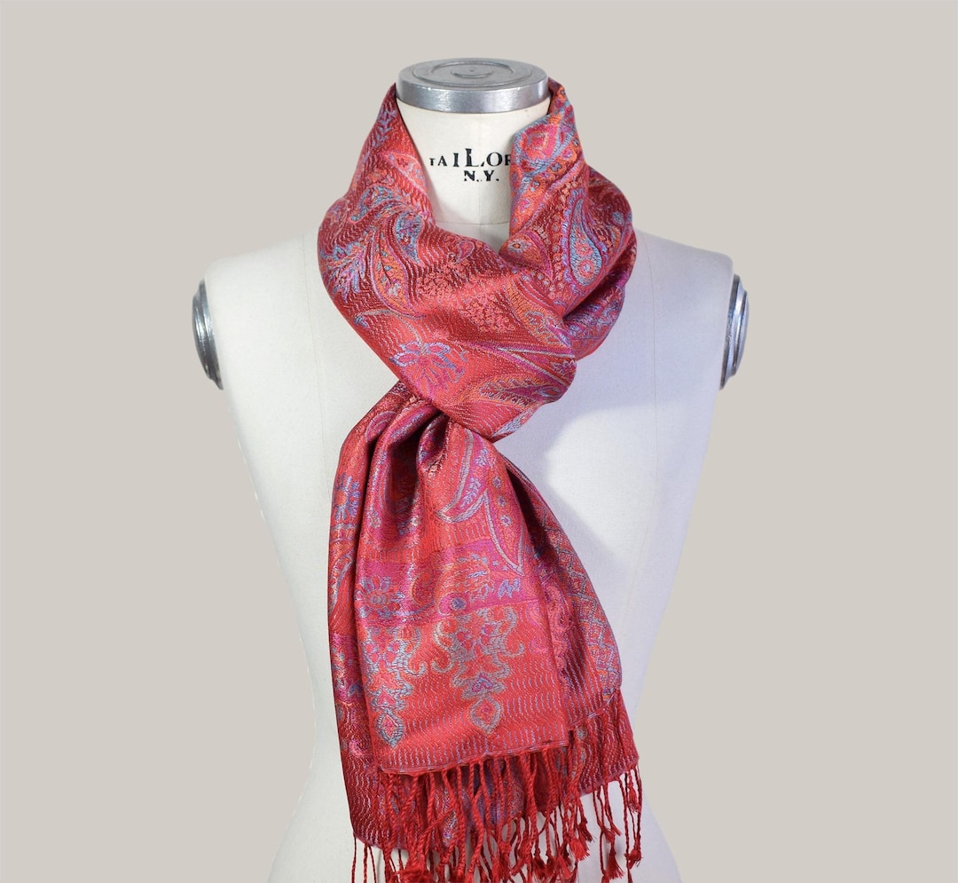 Woven Silk Scarf With Traditional Indian Design in Red, Indian