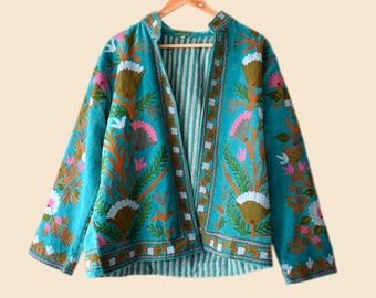 Chaqueta Suzani terciopelo turquesa con bordado de flores, ropa boho bordada a mano